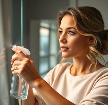 a woman holding a bottle of water and a spray bottle
