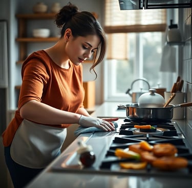 a woman in an orange shirt is cooking in a kitchen