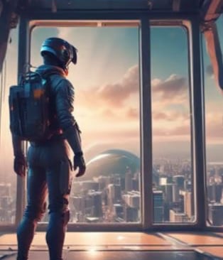 a man in a space suit standing in front of a window