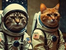 two cats in space suits with space suits