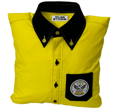 a yellow shirted pillow with a black collar and pocket