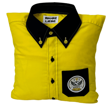 a yellow shirted pillow with a black collar and pocket