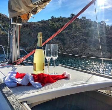 Champagne glasses on a sailing boat at Christmas