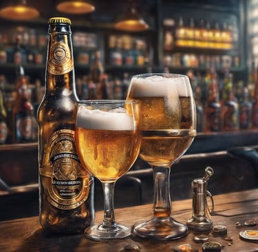A bottle and two glasses of beer sitting on the surface of a bar
