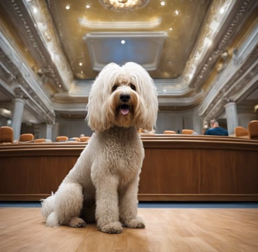 A dog on trial in a courtroom