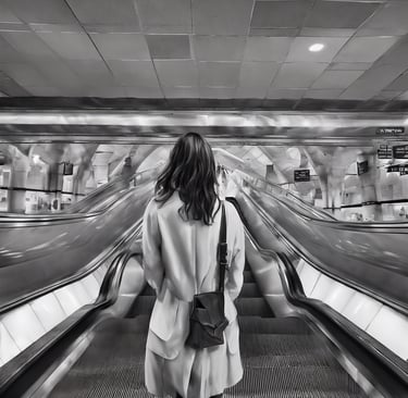 A woman standing at the bottom of an escalator in a subway station