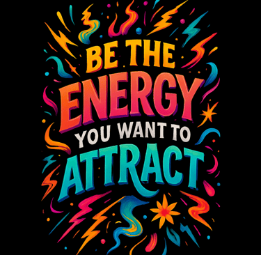 Colorful text reading Be the Energy You Want to Attract with lightning bolts and stars in rainbow to