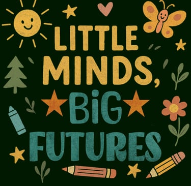 Retro teacher shirt with "Little Minds, Big Futures" and colorful kid-style doodles