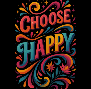 Bright rainbow hand-lettered text Choose Happy with flourishes, stars, and flowers
