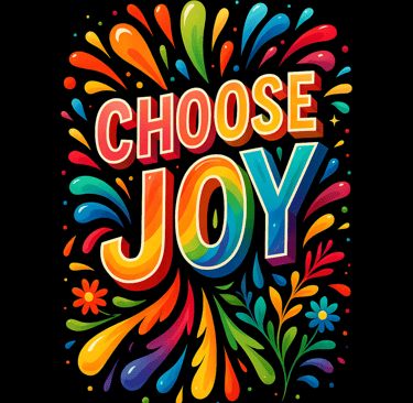 Colorful "Choose Joy" text with rainbow splashes and floral accents on black.