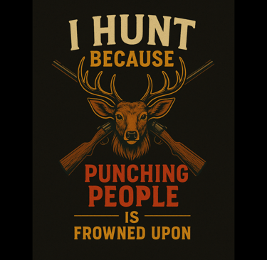 Funny vintage hunting shirt design with deer and rifles, text reads “I Hunt Because Punching People 