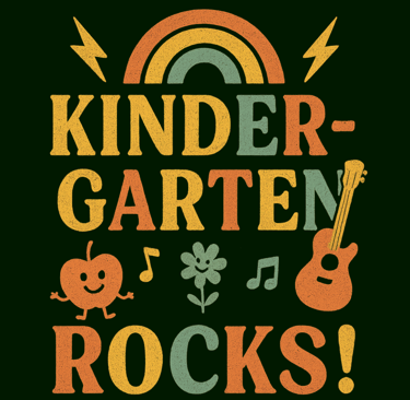 Kindergarten Rocks! retro teacher shirt with rainbow, apple, and guitar