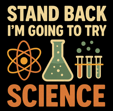 Retro science design with beaker, atom, and text “Stand Back I’m Going to Try Science” on black