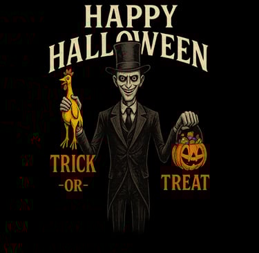 Creepy gentleman in top hat holding rubber chicken and pumpkin candy bucket with Trick-or-Treat text