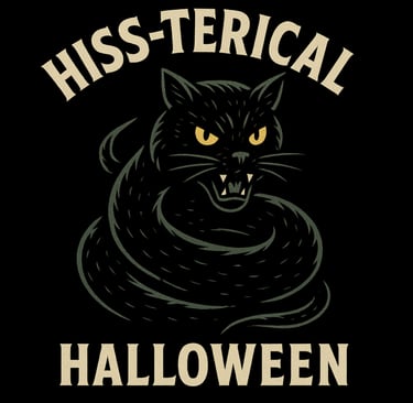 Hissing black cat with glowing eyes, text Hiss-terical Halloween