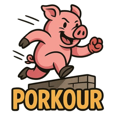 Cartoon pig doing parkour jump over wall with text “Porkour” funny pun design.