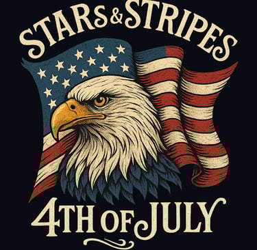 Vintage eagle wrapped in American flag with 'Stars & Stripes 4th of July' text