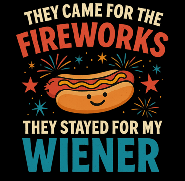 Smiling hot dog with fireworks and bold red and blue text on a patriotic 4th of July design