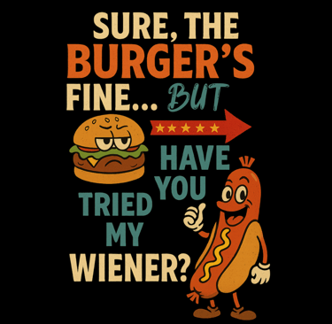 Retro hot dog and burger cartoon with bold 4th of July text and fireworks humor
