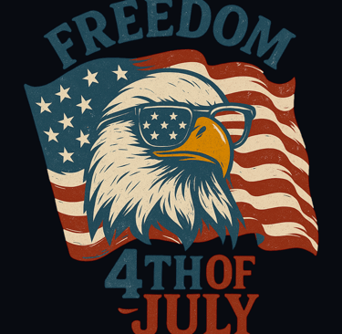 Bald eagle in flag sunglasses with “Freedom 4th of July” and waving U.S. flag