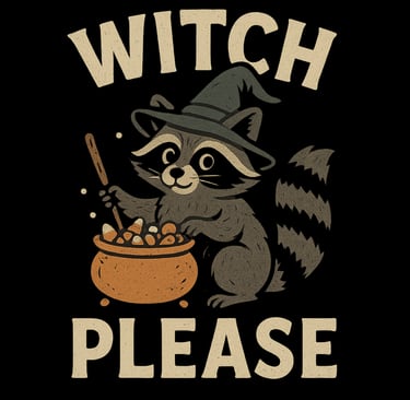 Cute raccoon in witch hat stirring cauldron of candy with text Witch Please