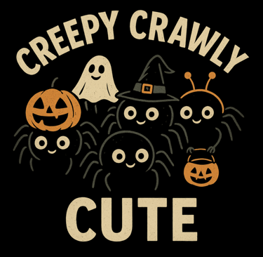 Smiling spiders dressed as pumpkin, ghost, witch, and trick-or-treater, text Creepy Crawly Cute