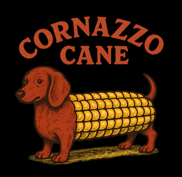 Corn dog design with dachshund body made of corn and vintage red text above.