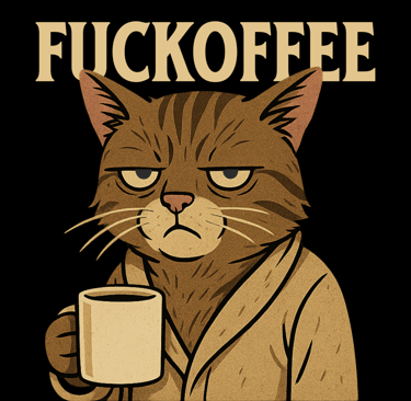 Moody cat in robe holding coffee mug with “FUCKOFEE” text above