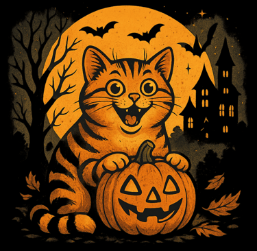 Happy orange cat holding jack-o’-lantern with bats, haunted house, and orange moon