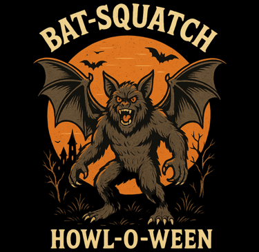 Winged Bat-Squatch roaring under orange moon with haunted forest background, text Howl-O-Ween