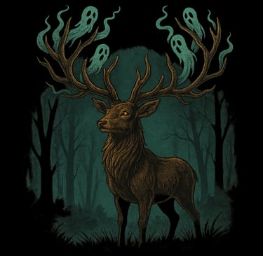 Haunted stag with glowing ghost spirits in antlers standing in eerie forest