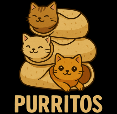 Three cute cats wrapped in burritos with the word “Purritos” underneath.
