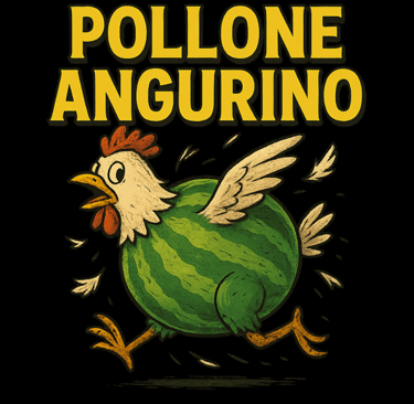 Running chicken with a watermelon body and bold yellow text above.
