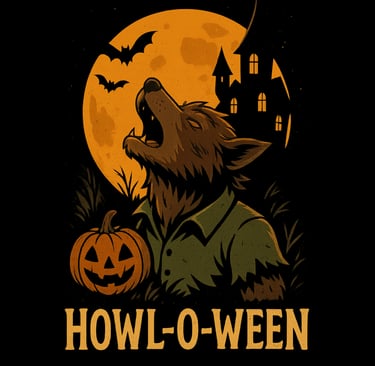 Werewolf howling at orange moon with haunted castle and jack-o’-lantern, text Howl-O-Ween