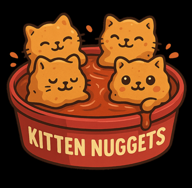 Four cute kitten nuggets in a red dipping bowl with smiling faces
