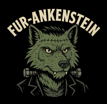 Wolf Frankenstein monster with bolts and stitches, text Fur-Ankenstein