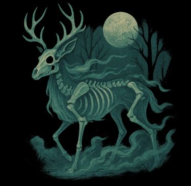 Skeletal stag with glowing antlers running under full moon in ghostly forest scene