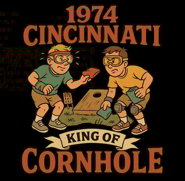 Two kids in goggles playing cornhole with vintage 1974 Cincinnati text and retro style