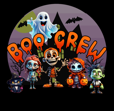 Group of cute spooky characters with ghost, skeleton, pumpkins, and haunted house, text Boo Crew