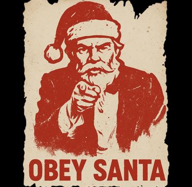 Vintage propaganda-style poster of Santa pointing with the words “OBEY SANTA” in bold red.