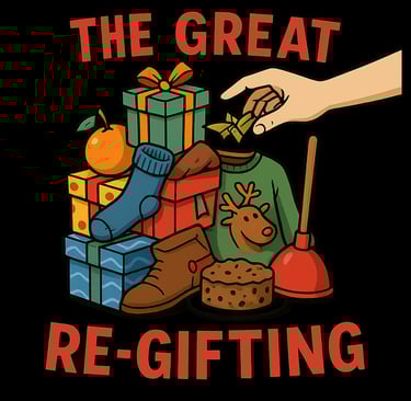 A pile of goofy regift items—sock, boot, reindeer sweater, fruitcake, plunger—with a hand adding mis