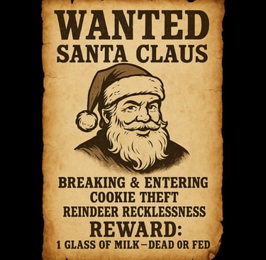 Vintage “Wanted” poster of Santa Claus listing crimes like cookie theft and reindeer recklessness, r