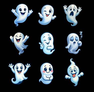 “Nine cartoon ghosts with unique moods arranged in a 3x3 grid, playful spooky Halloween design.”