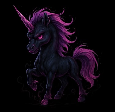 Black unicorn with glowing magenta mane, tail, and horn in gothic fantasy style.