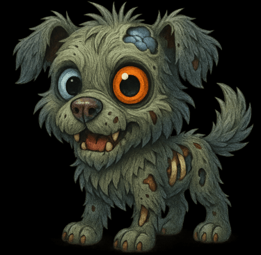 Cute zombie puppy with big orange and blue eyes, ragged fur, and undead grin.