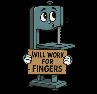 Cartoon bandsaw holding a sign that says “Will Work for Fingers” with a cheerful face.