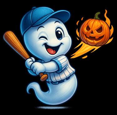 Ghost baseball player in cap swinging bat at flaming jack-o’-lantern pitch.