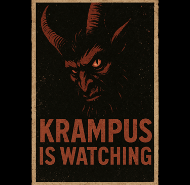 Vintage dark Krampus poster with a demonic horned face and the text “Krampus Is Watching.”