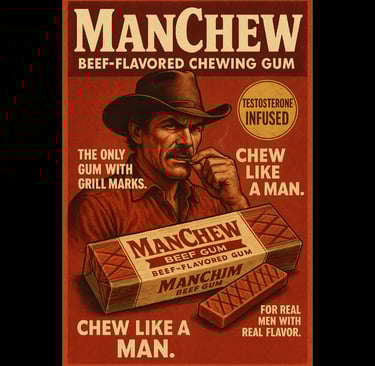Retro macho parody poster for ManChew beef-flavored gum with cowboy chewing gum.