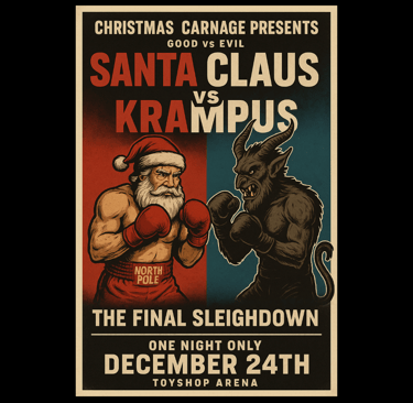 Vintage boxing poster style Santa vs Krampus fight with bold Christmas carnage typography.